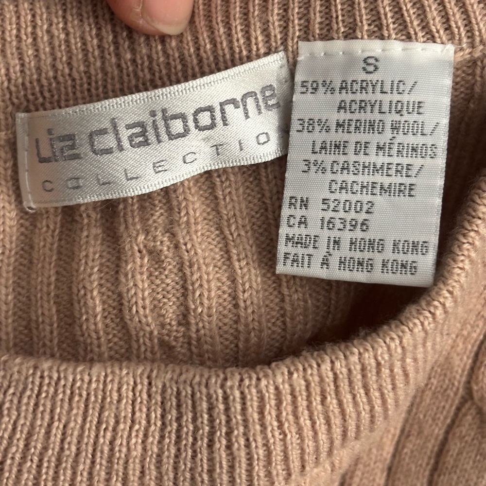Super Soft Merino Wool/Cashmere Blend Beige Crewneck Cable Knit Pullover - Picture 3 of 6